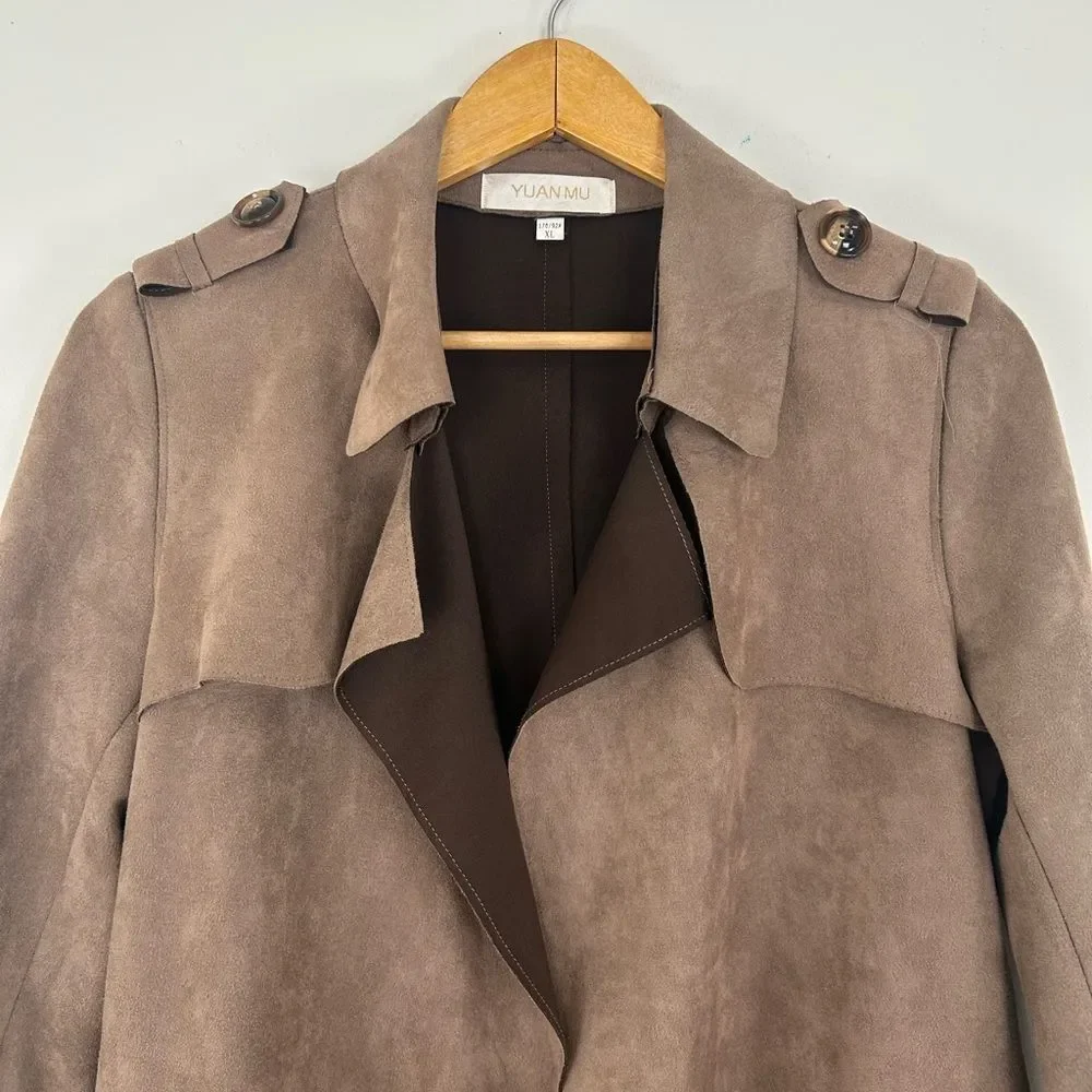 Faux Suede Elegant Belted Trench Coat - Picture 6 of 8